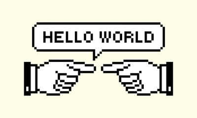 Pixel art with text Hello world and Backhand Index Pointing left or Right . Retro futuristic style. Cyber direction hand icon. Video game sprite. Y2k sticker Fingers gesturing. Black and white.