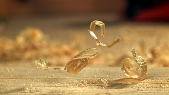 Wooden shavings falling on the carpenter's table. Filmed on a high-speed camera at 1000 fps. High quality FullHD footage