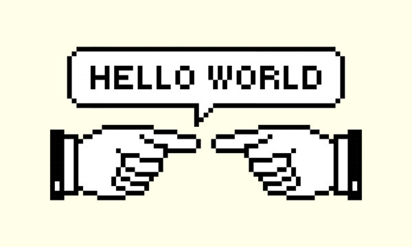 Pixel art with text Hello world and Backhand Index Pointing left or Right . Retro futuristic style. Cyber direction hand icon. Video game sprite. Y2k sticker Fingers gesturing. Black and white.