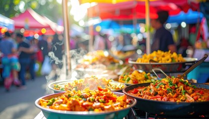 Food Street Market: A vibrant food market bursts with an array of global cuisines, capturing the essence of communal dining and cultural fusion. The stalls overflow with diverse food.