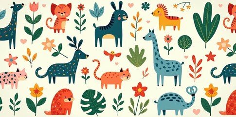Whimsical playful animals and plants seamless pattern for children's products, doodle, playful, seamless