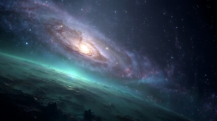 Fototapeta premium Planet's horizon with a spiral galaxy