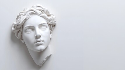 White marble female bust sculpture on white background.