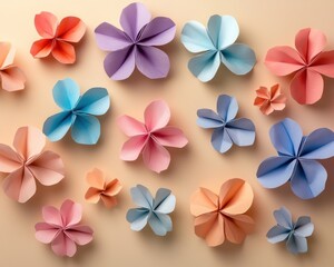 A set of colorful origami flowers, soft pinks, blues, and purples, scattered across a light beige background, soft shadows for a peaceful ambiance 