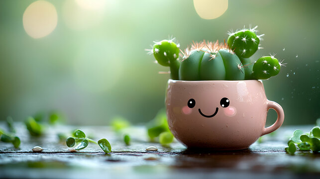 Adorable cactus in a cute smiley mug, sitting on a wet wooden surface with tiny green plants, bokeh background.