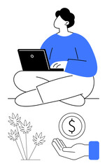 Person seated cross-legged using a laptop, surrounded by a hand holding a coin, money symbol, and plant motif. Ideal for remote work, finance, growth, mindfulness, savings productivity simple