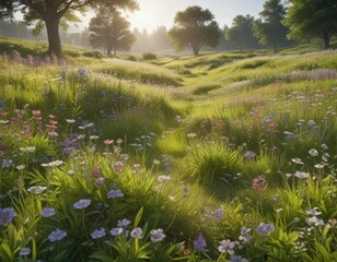 Obraz premium Lush green meadow dotted with blooming wildflowers, sunlight filtering through, floral, flowers