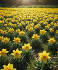 Obraz premium Brilliant yellow daffodils carpet a verdant field bathed in sunlight , yellow, beautiful