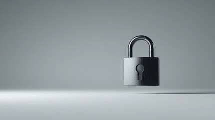 Fototapeta premium A dark gray metallic padlock hovers over a light gray surface against a muted gray background.