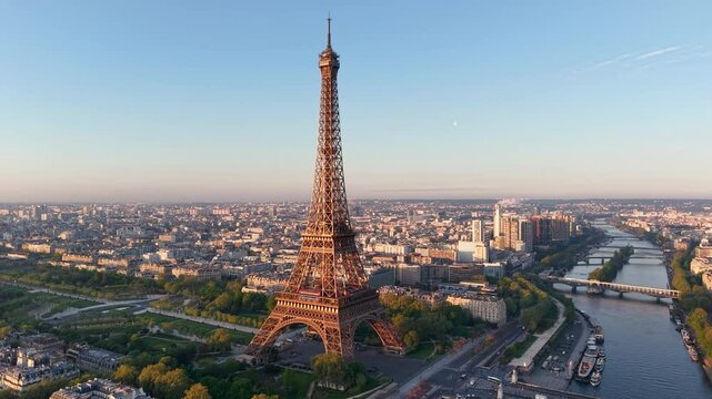Aerial view of Experience the breathtaking beauty of a stunning Paris sunrise with the iconic Eiffel Tower. France