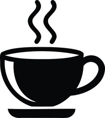 Solid black coffee cup icon with steam and saucer, representing hot beverages like coffee or tea, ideal for cafes, breakfast menus, and food branding