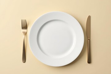 White paper plate on a plain beige background, minimalistic table setting, simple, disposable, clean