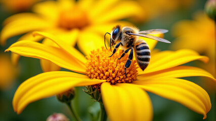 Bee Pollinating a Yellow Flower