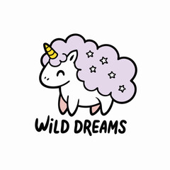 unicorn mane cascading with tiny stars, slogan Wild Dreams