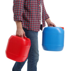 Man holding plastic canisters on white background, closeup