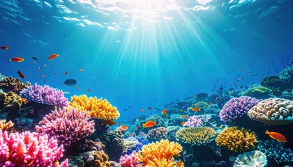 Obraz premium Underwater Paradise: A vibrant underwater world teeming with life, where colorful coral reefs thrive beneath shimmering sunlight filtering through the ocean surface.