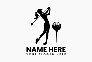 Modern woman golf training logo design template, vector illustration of female golfer in action pose isolated on white background for sports branding