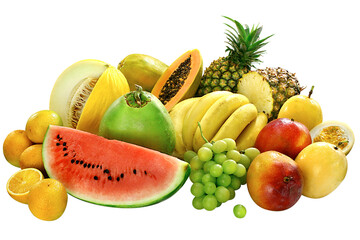 composição com laranja, melão melancia, coco, banana, mamão, uva, abacaxi, manga e maracujá isolado em fundo transparente