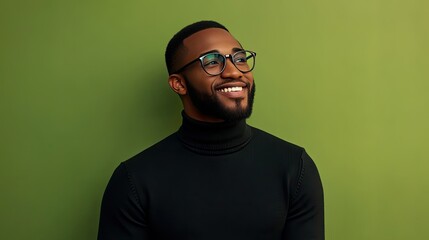 Fototapeta premium A cheerful man wearing a black turtleneck and glasses smiles while standing against a solid green background.