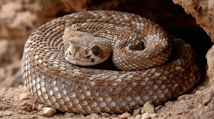Obraz premium Coiled Rattlesnake in Desert Habitat