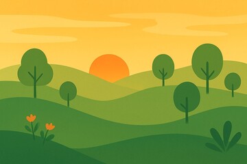 Fototapeta premium Minimalist Nature Landscape Illustration with Sunrise and Green Hills