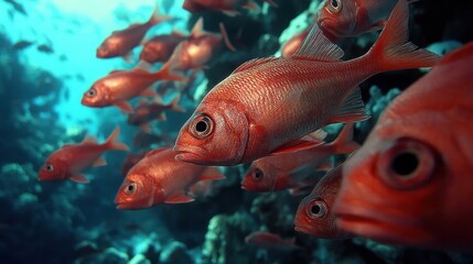 Red fish school underwater coral reef