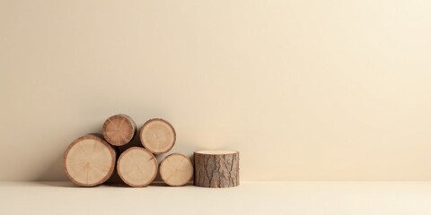 Rustic Wooden Logs and Minimalist Display Stand Against a Neutral Background, Perfect for Product Presentation or Mockups