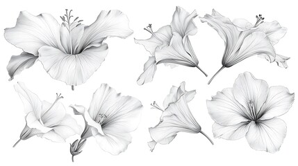 Elegant Hibiscus Flower Collection: A grayscale pencil sketch of various hibiscus blossoms showcasing delicate petals and intricate details.