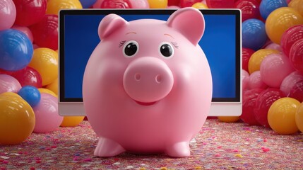Pink piggy bank smiling in front of a computer screen surrounded by colorful balloons and sprinkles.