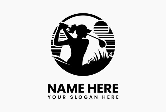 Modern woman golf training logo design template, vector illustration of female golfer in action pose isolated on white background for sports branding
