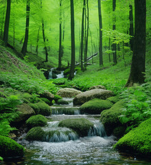 Serene forest stream flowing through lush green landscape with mossy rocks.