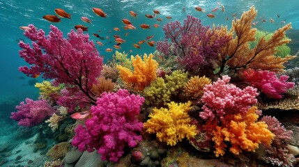 Vibrant coral reef teeming with life, showcasing a variety of colors and textures. Underwater scene with colorful fish.