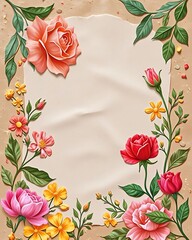 Obraz premium Floral Frame: Roses, Flowers, and Leaves Design