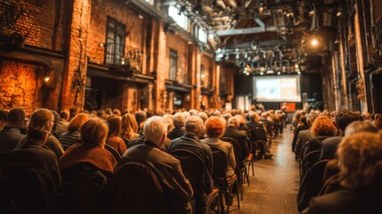 Large audience attending a presentation in a rustic brick hall. Warm lighting and focused attendees.