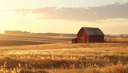 Red Barn at Sunset: A picturesque red barn stands solitary in a vast golden field at sunset, evoking a sense of rural tranquility and the beauty of the American landscape.
