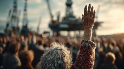 Crowd of people raising their hands, an elderly woman in the foreground, against the backdrop of an offshore oil rig at sunset.
