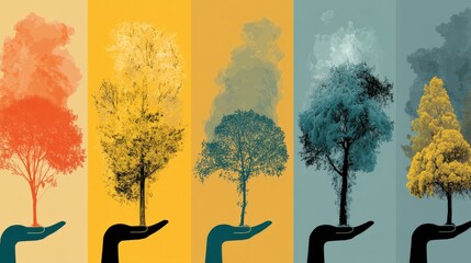 Stylized illustration of five trees in different seasonal colors held in open hands, set against a multicolored background.