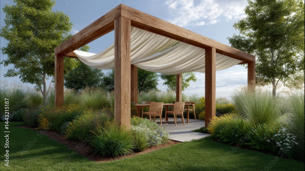 Aufkleber Sunlight filters through a softly draped canopy, creating a tranquil space for relaxation and socializing. Surrounding greenery adds to the serene outdoor setting, ideal for gatherings