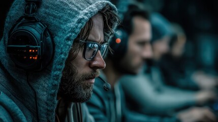 Man with beard and glasses wearing a hooded jacket covered in snow, using a headset in a dark environment.