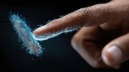 Close up of a finger touching a digital fingerprint, glowing blue particles forming the print against a dark background. 
