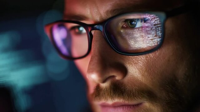 Focused Gaze: A close-up shot of a man wearing glasses, eyes fixated on digital data, conveying focus and intensity.