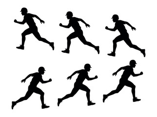 Baseball Players vector black and white Running Silhouette Design, Six silhouette figures of baseball players in various running positions.  player, running, action, silhouette, sport, athletic, dynam