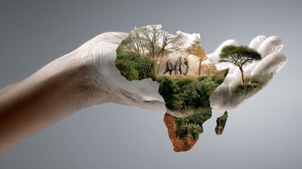 A pair of hands gently cradles a vibrant image of the African continent, showcasing diverse landscapes and wildlife.