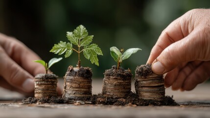 Hands planting young green seedlings in soil atop stacks of coins, representing growth and investment.
