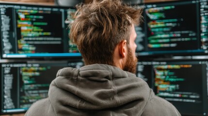 Man reviewing lines of code on multiple computer screens, rear view, dark background.