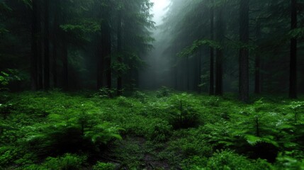 Fototapeta premium Lush green ferns cover the forest floor beneath tall pine trees shrouded in thick white fog.