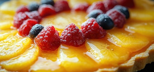 Delicious Fruit Tart: A Close-Up of Raspberries, Blueberries, and Pineapple