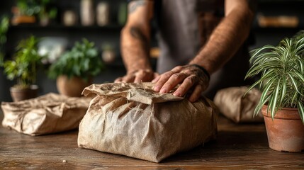 Person wrapping a package in brown paper. Plants in pots are visible in the background. Rustic wooden surface.