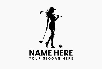 Athletic woman golfer mid-swing silhouette, bold vector logo for golf training academies and clubs  