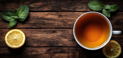 Refreshing Herbal Tea with Lemon and Mint on Rustic Wooden Background